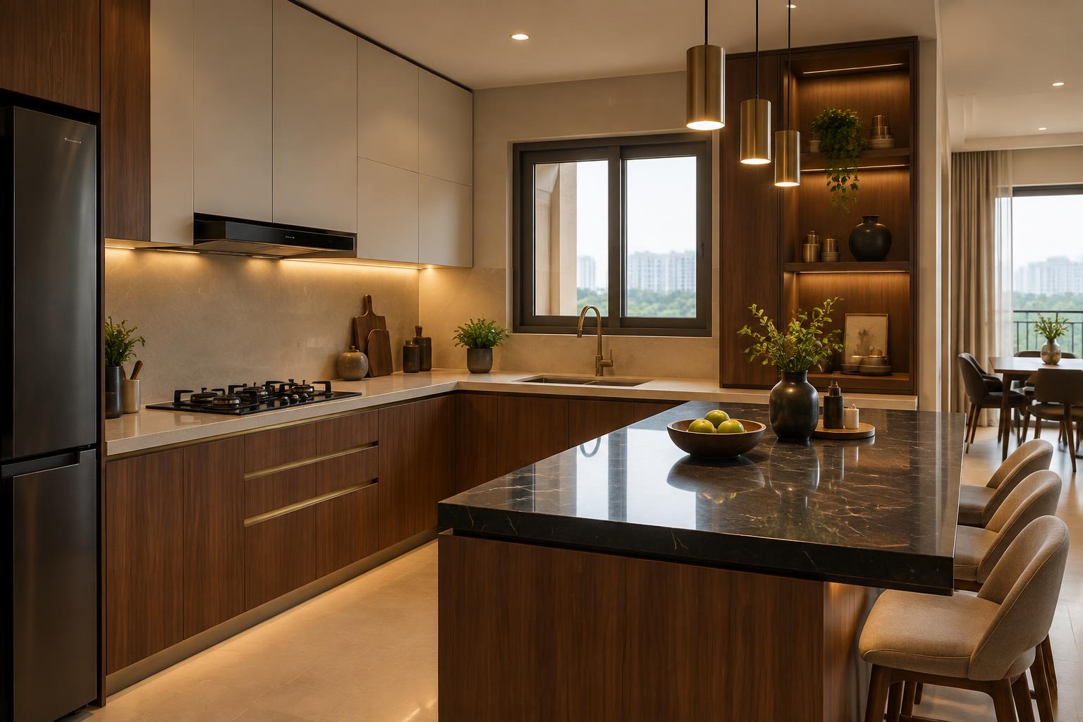Luxury modular kitchen designed in warm walnut and brass